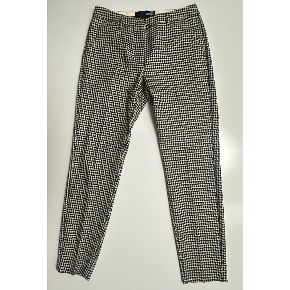 Love Moschino Houndstooth Virgin Wool Slim Leg Trousers Black White 4 US NWOT